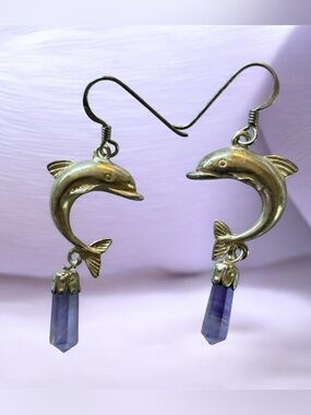 Silver dolphin earrings with purple quartz teardrop stone